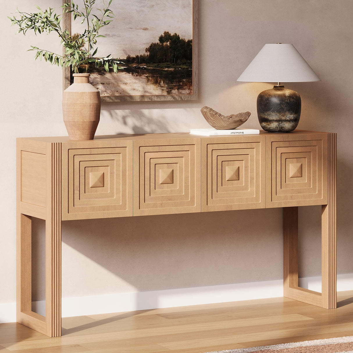 Geometric Carved Console Table with Soft-Close Drawers