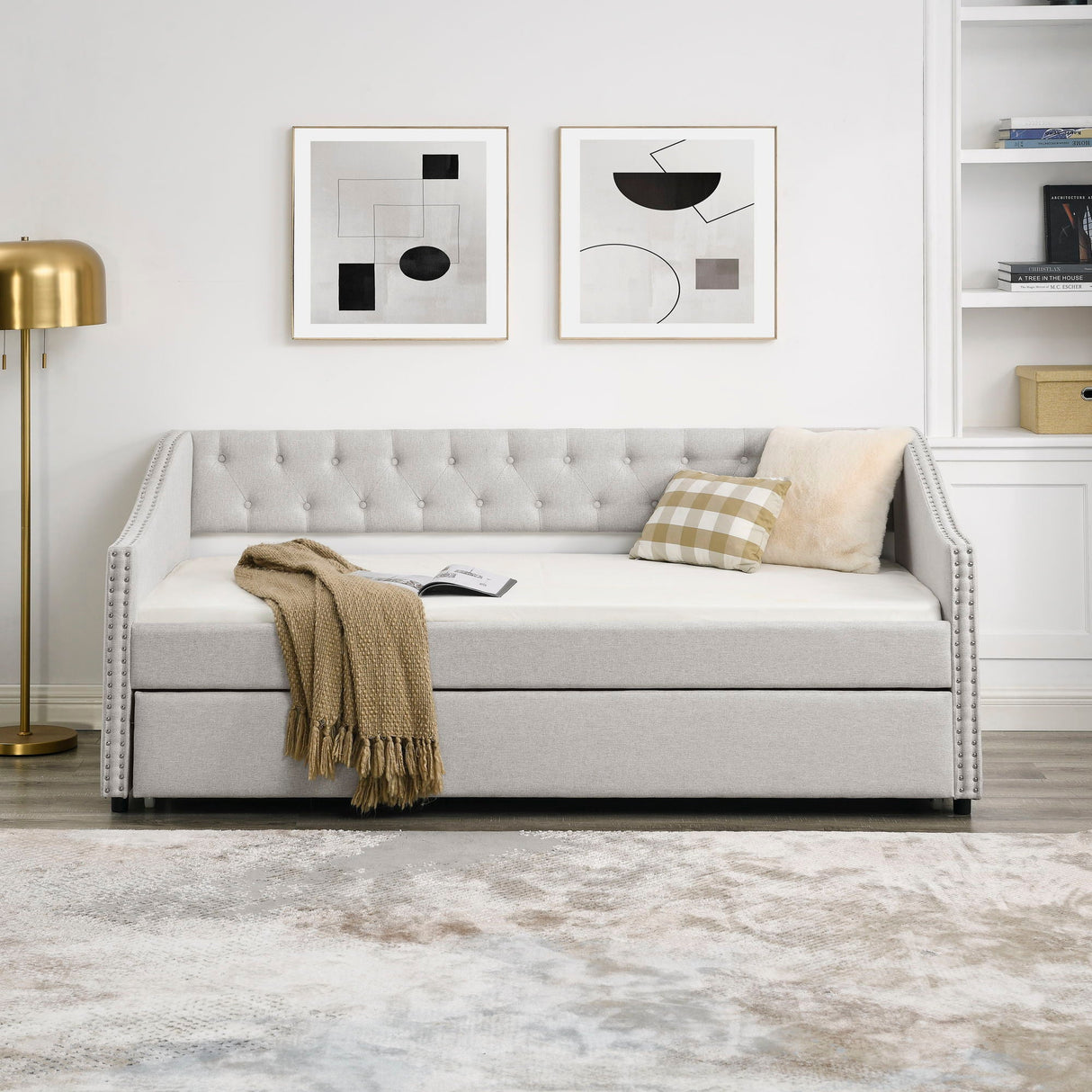 Upholstered Tufted Daybed With Drawers, Waved Arms