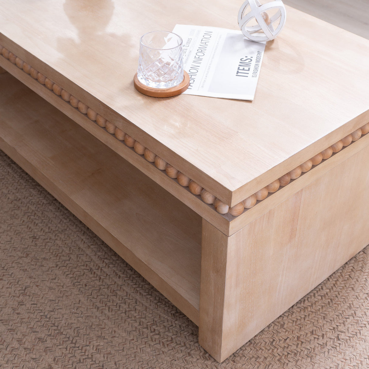 Modern Wood Coffee Table with Beaded Trim – 47 Rectangular Coffee Table with Open Storage Shelf, Light Natural Finish – Farmhouse & Coastal Living Room Furniture