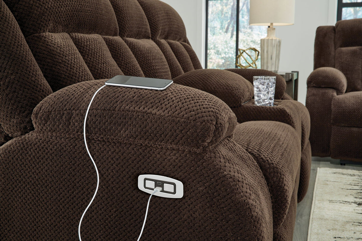Free Wake - Double Relcining Power Loveseat With Console - Chocolate