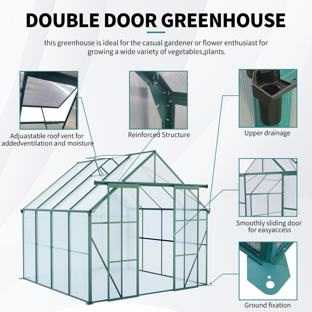 Double Door Polycarbonate house Raised Base And Anchor Aluminum Heavy Duty Walk In houses For Outdoor Backyard In All Season