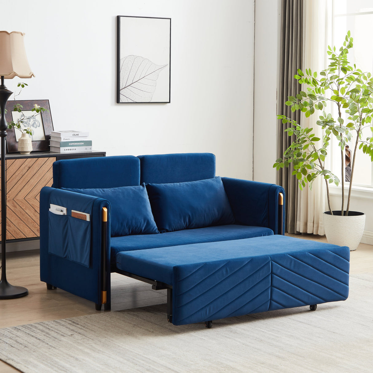 Convertible Velvet Loveseat Sleeper with Arm Storage and Adjustable Back