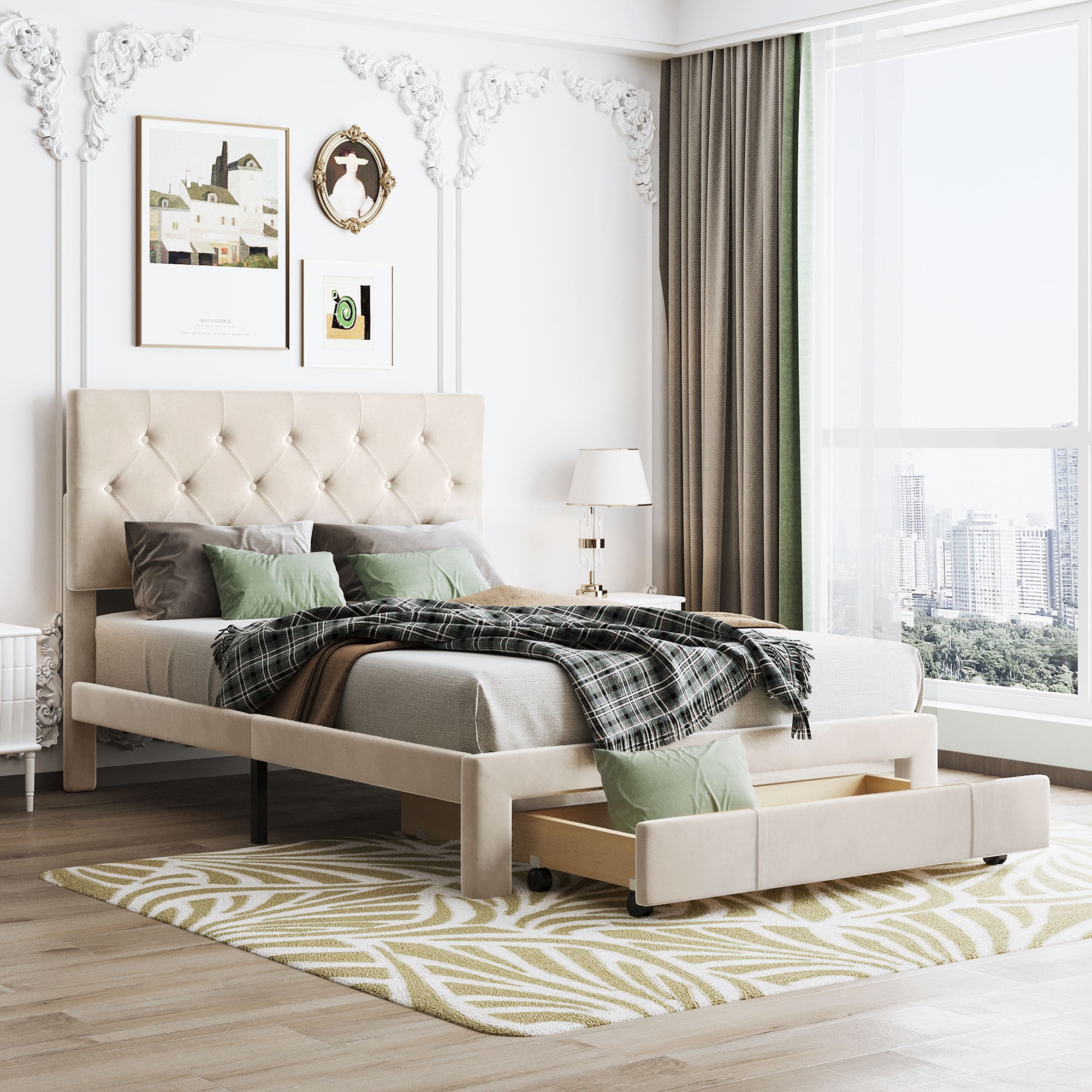 Full-Size-Storage-Bed-Velvet-Upholstered-Platform-Bed-with-a-Big-Drawer-Beige-Beds-&-Bed-Frames