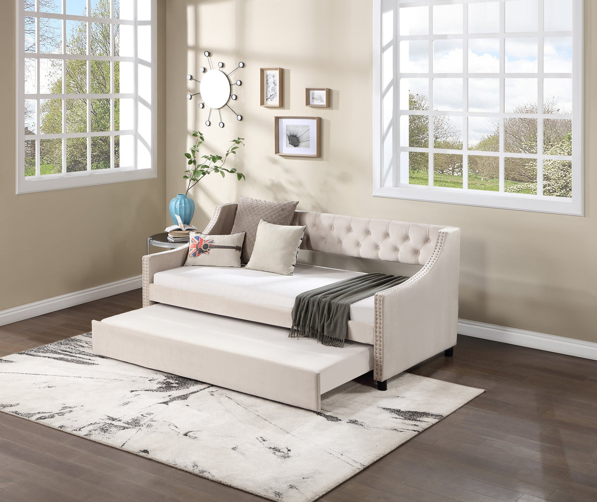Daybed with Trundle Upholstered Tufted Sofa Bed Arms Full Size Beige