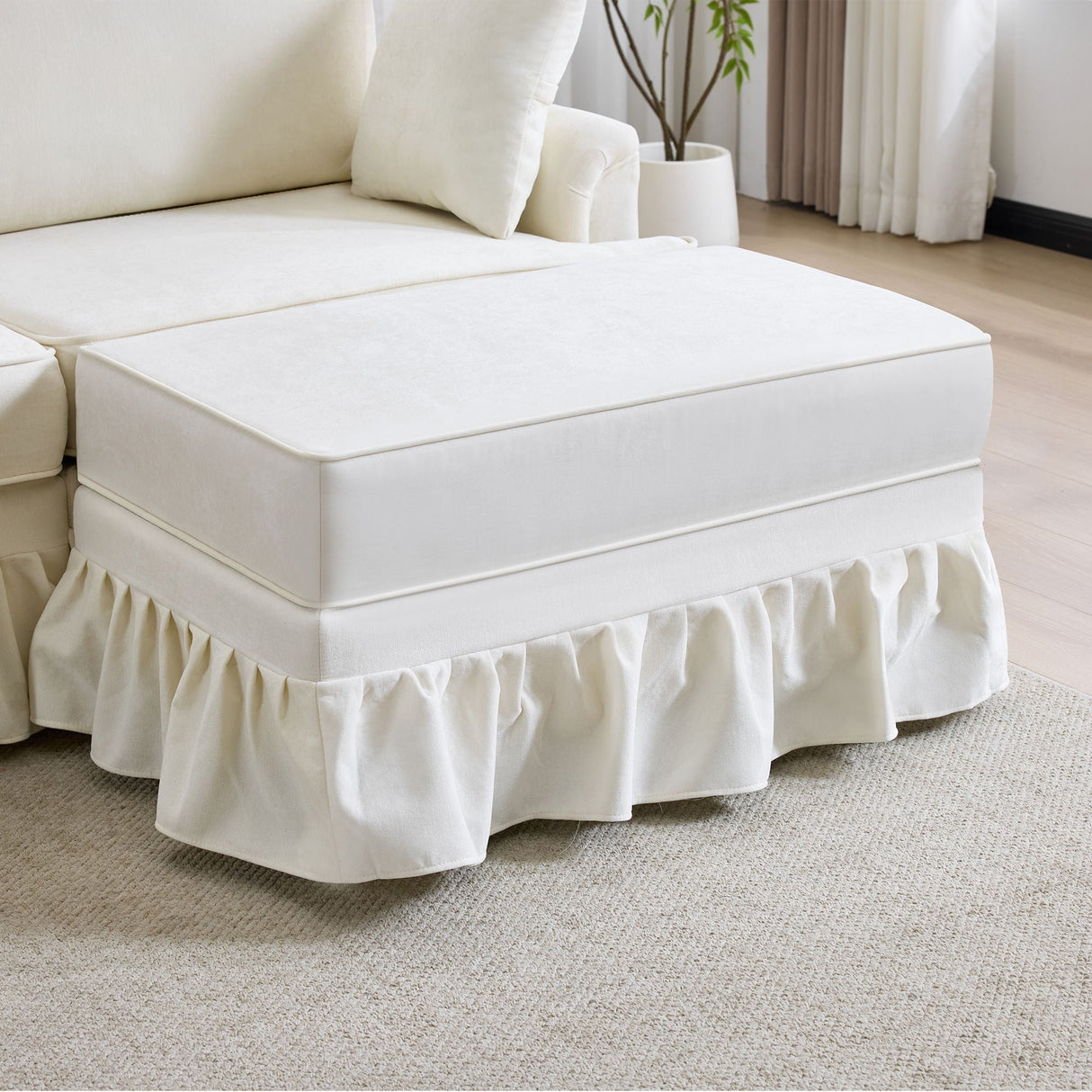 L-Shaped Sectional Sofa With Removable Ruffled Skirt, Flared Arms, Ottoman - White