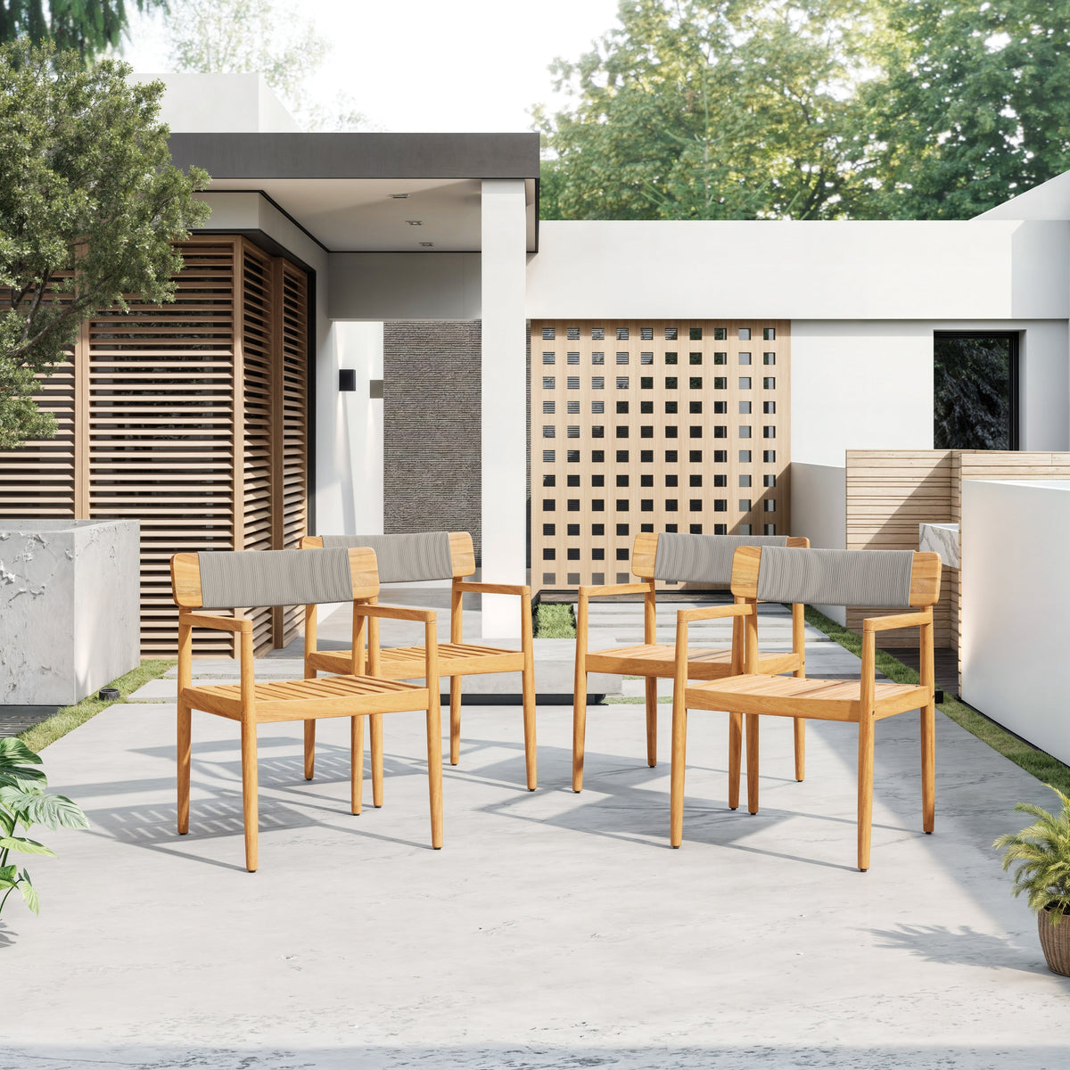 Creative Braided Acacia Wood Outdoor Dining Chairs with Armrests - Grey