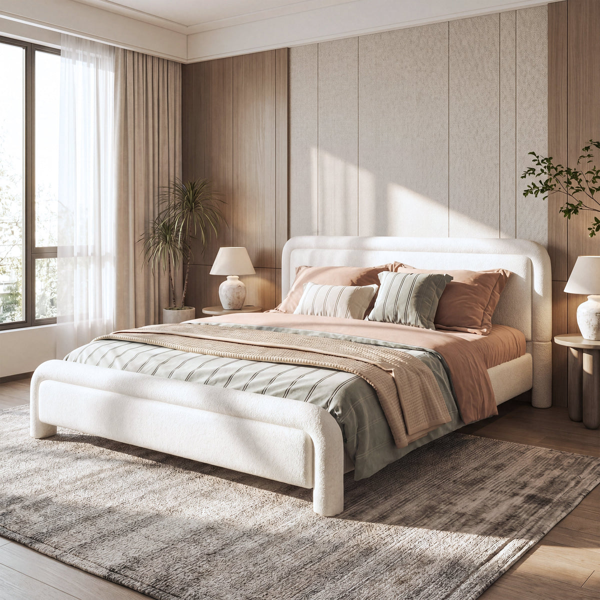 Queen Size Upholstered Platform Bed Frame with Curved Headboard