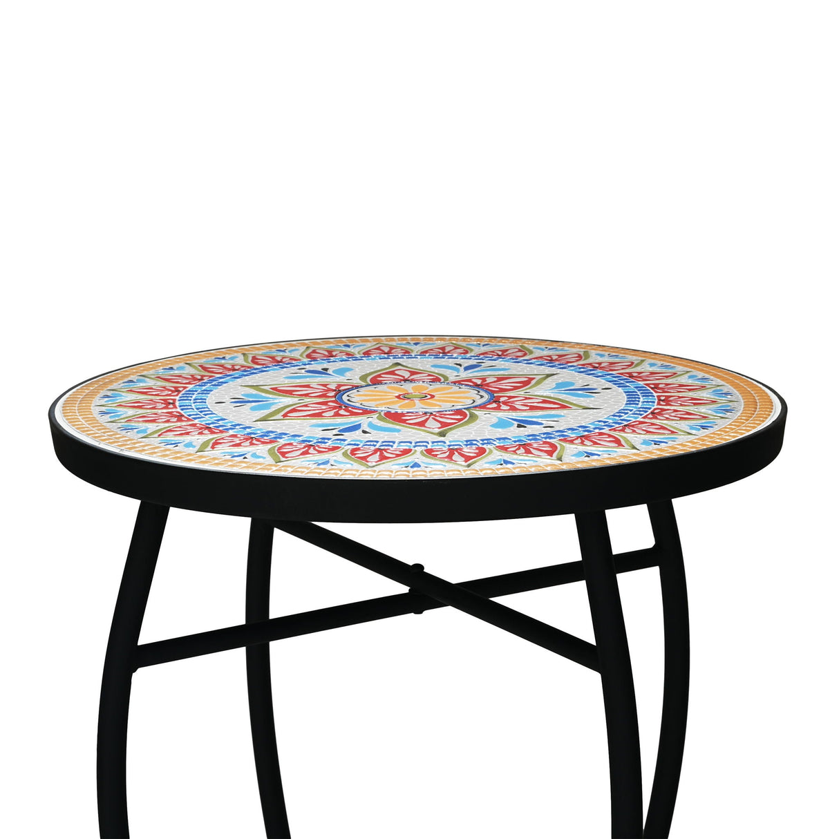 Outdoor Round Side Table With Mosaic Style Top And Curved Iron Legs