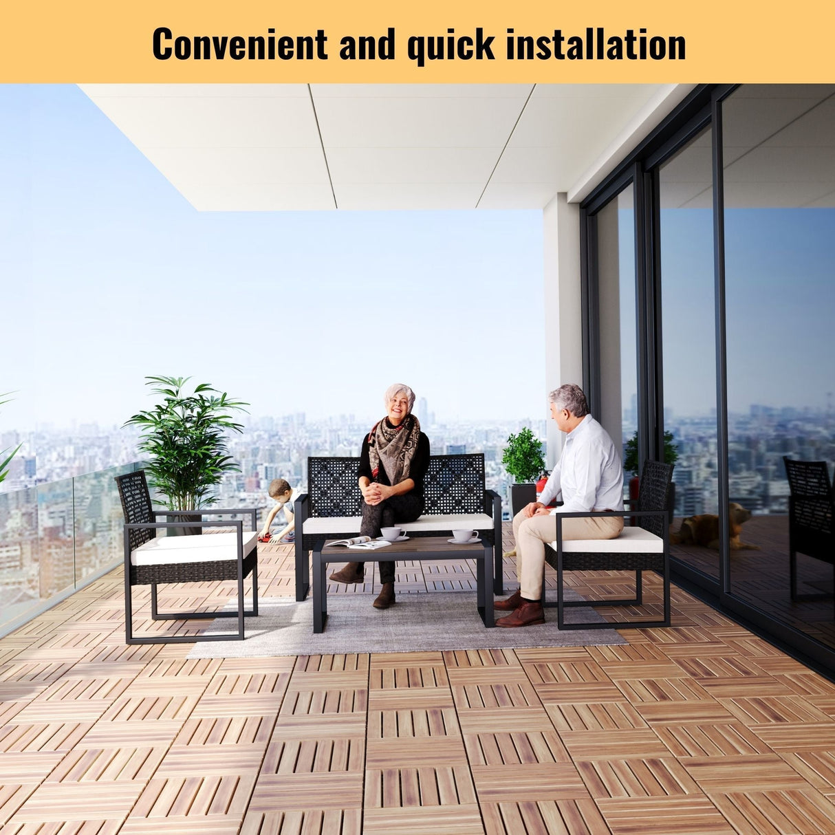 Interlocking Deck Tiles Striped Pattern Waterproof Brown