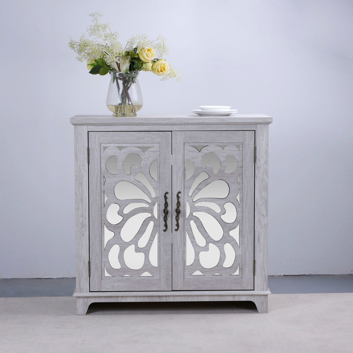 Elegant Sideboard with Two Acrylic Mirrored Doors and Adjustable Shelf Storage