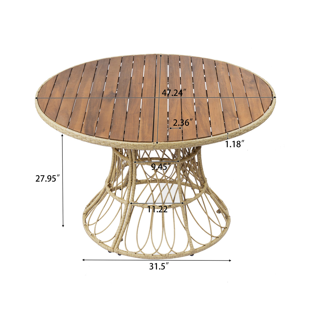 Durable Outdoor Dining Table with Round Acacia Wood Top and Wicker Base
