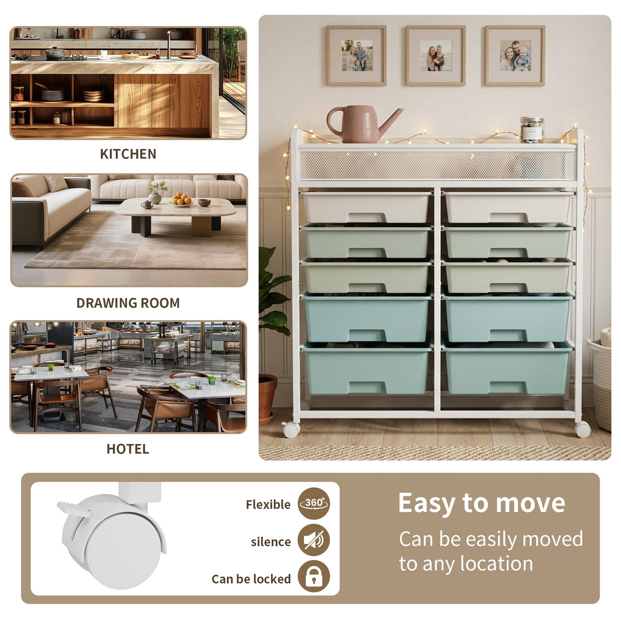 White Large Capacity 2-Row 10-Drawer Rolling Storage Cart