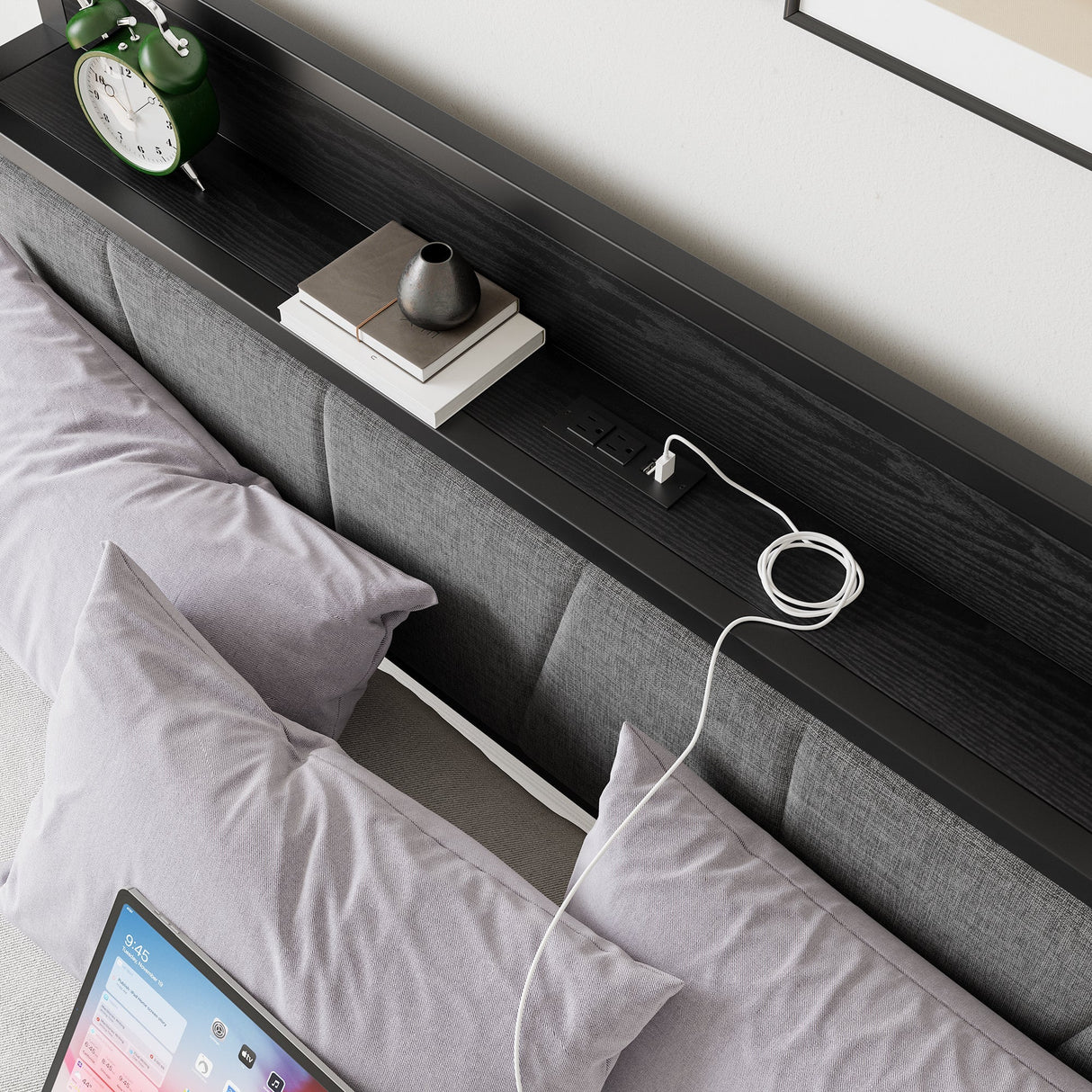 Queen Size Bed Frame with Storage Headboard and Charging Station