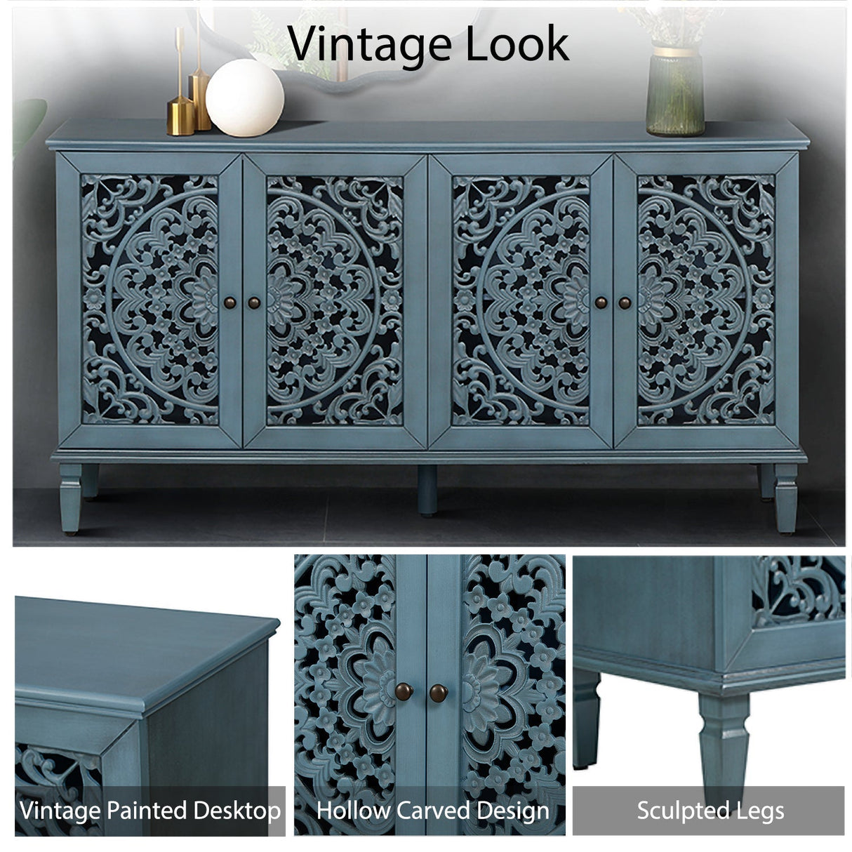 60" Antique Buffet Cabinet with Floral Carvings and Adjustable Shelves