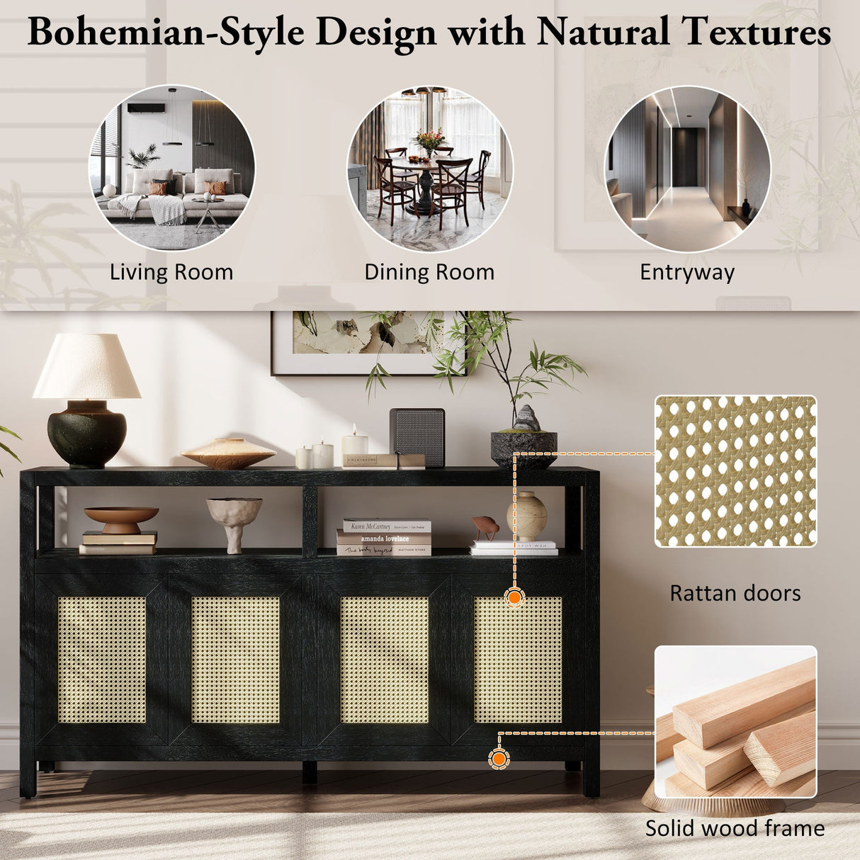 TREXM Bohemian Style Rattan Buffet Storage Cabinet with Solid Wood Frame