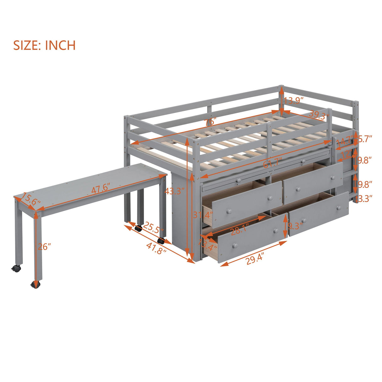 Loft Bed With Retractable Writing Desk And 4 Drawers, With Lateral Portable Desk And Shelves