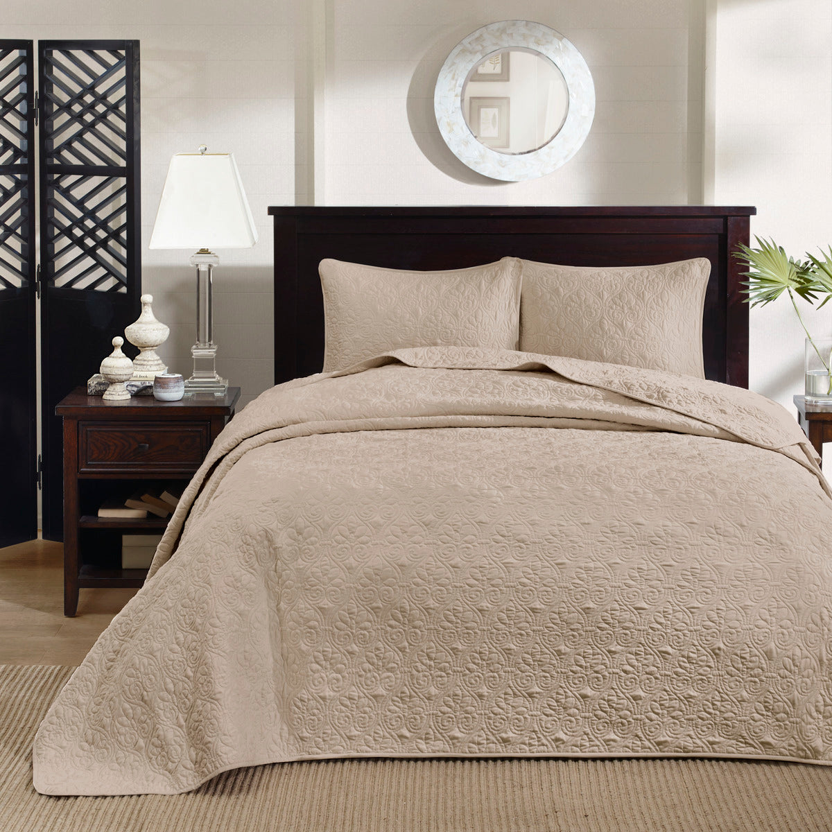 Reversible Quilt Set with Antimicrobial Cotton Filling - Khaki King/Cal King