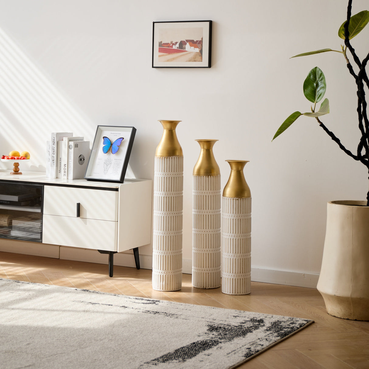 Floor Metal Vases Set of 3 - White with Gold Accents