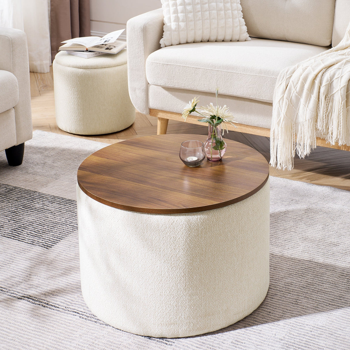 Classic 2-Piece Round Chenille Storage Ottoman Set with Drum Shaped Stool - Beige