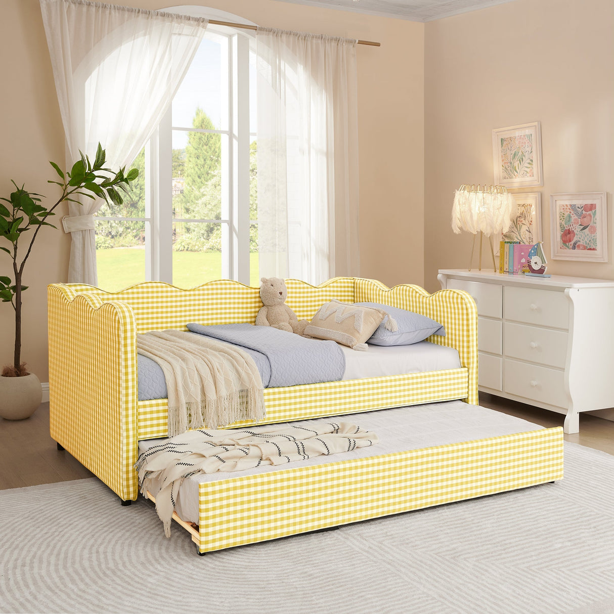 Cozy Gingham Daybed with Trundle Twin Size Sofa Bed No Box Spring Needed, with USB Port and Adorable Wave Shaped, Linen Fabric