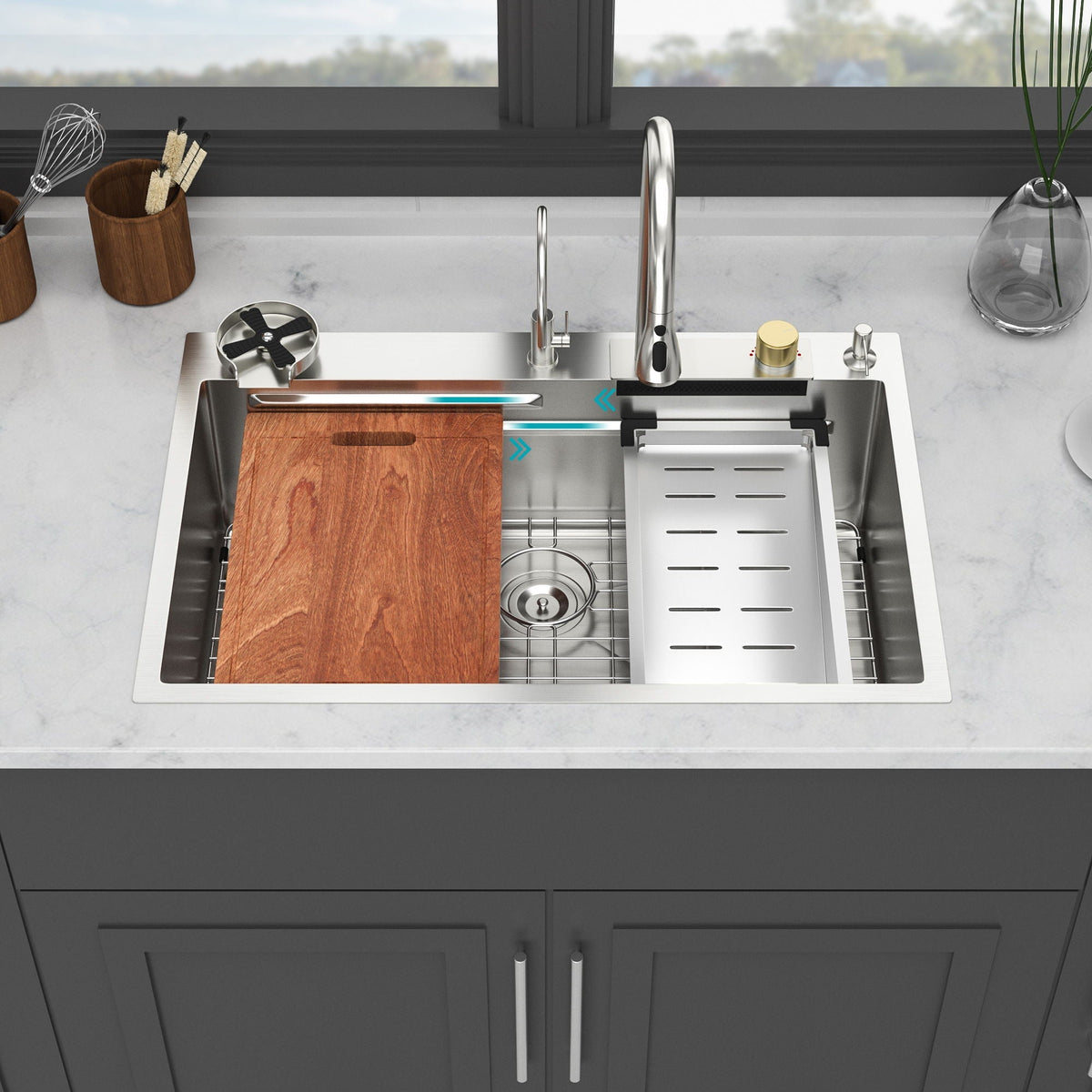 Waterfall Kitchen Sink With Pull Out Faucet & Cup Washer