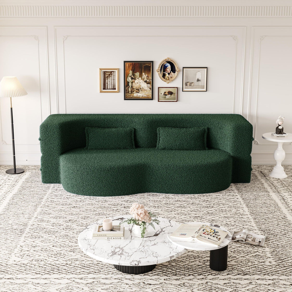Modern Floor Sofa with 2 Pillows, Convertible Teddy Fabric Foam Filled Bed