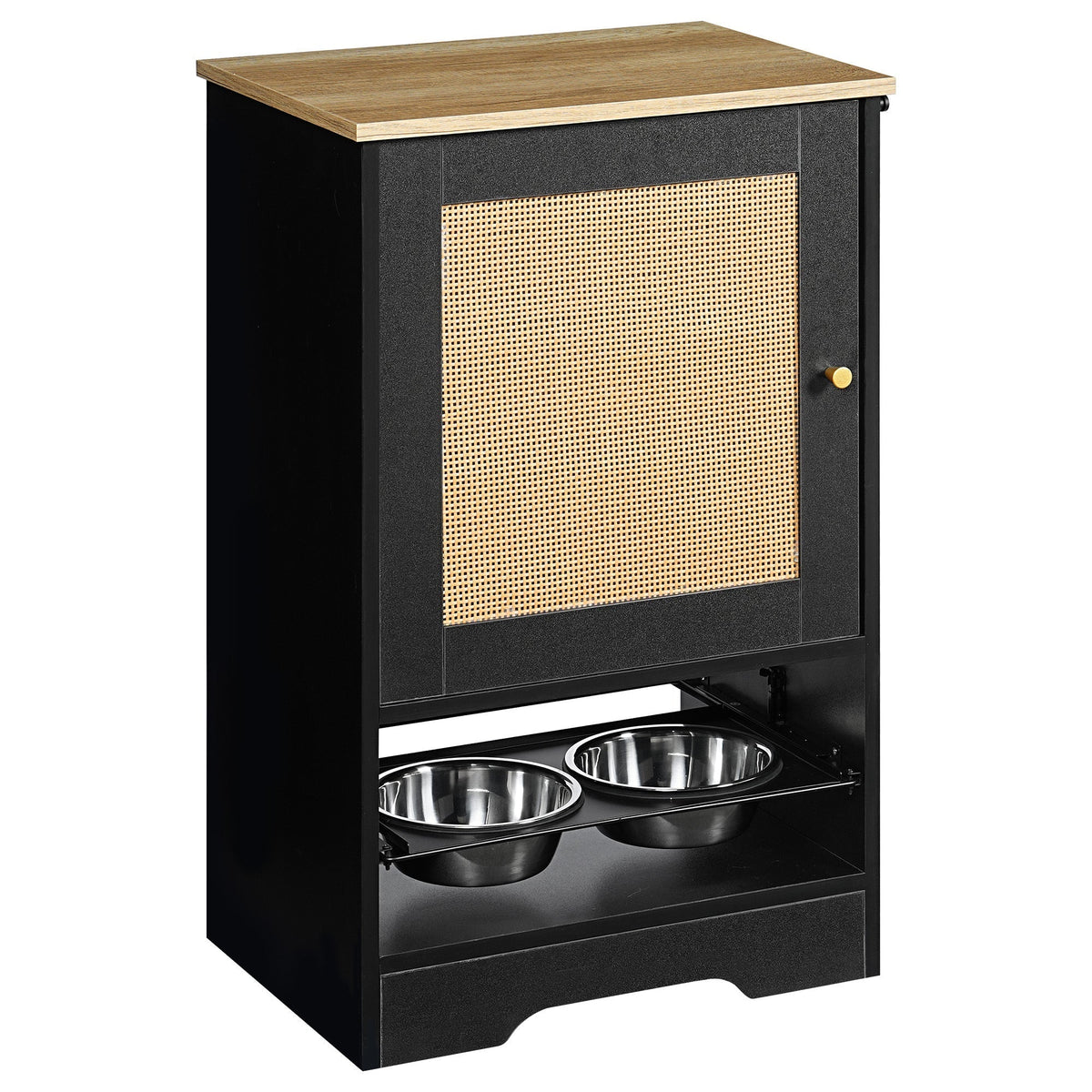 Feeding Station with Storage Cabinet and Stainless Steel Bowls - Black