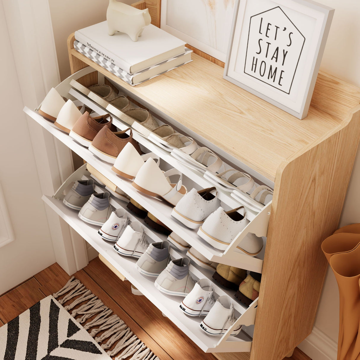 Shoe Storage Cabinet With 2 Flip Drawers, Compact Entryway Organizer - Natural / White