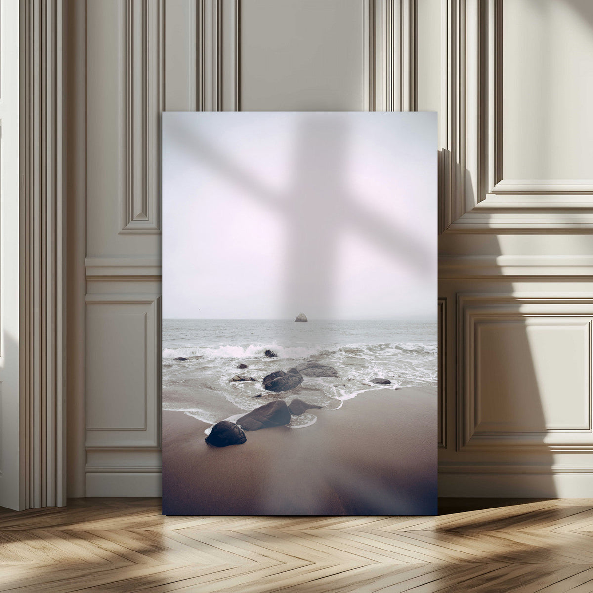 Moody Seascape Wall Art Canvas Print – Framed Neutral Foggy