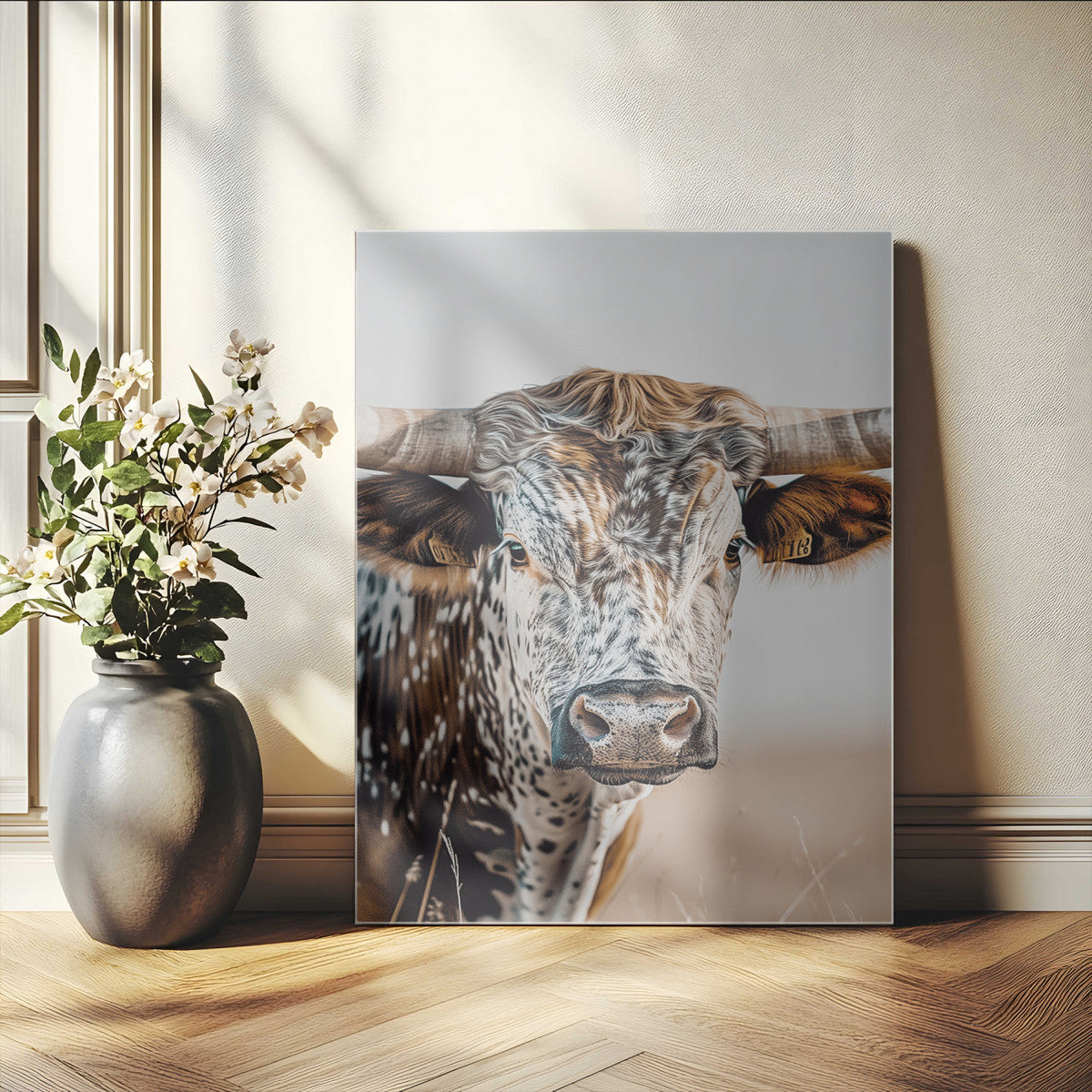 Texas Longhorn Wall Art Canvas Print – Speckled Horned Bull