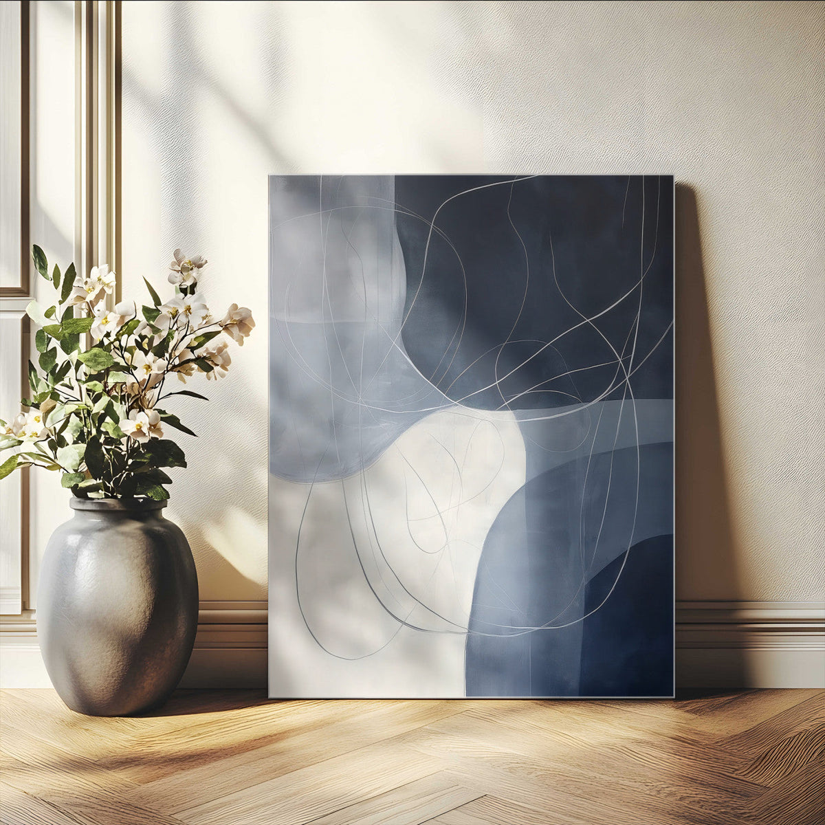Navy Abstract Wall Art Canvas Print – Framed Minimal Lineart