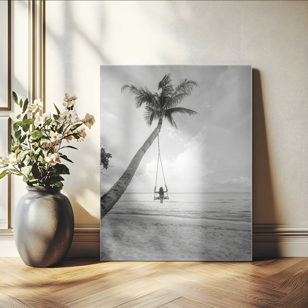 Black White Palm Tree Wall Art Canvas Print – Framed