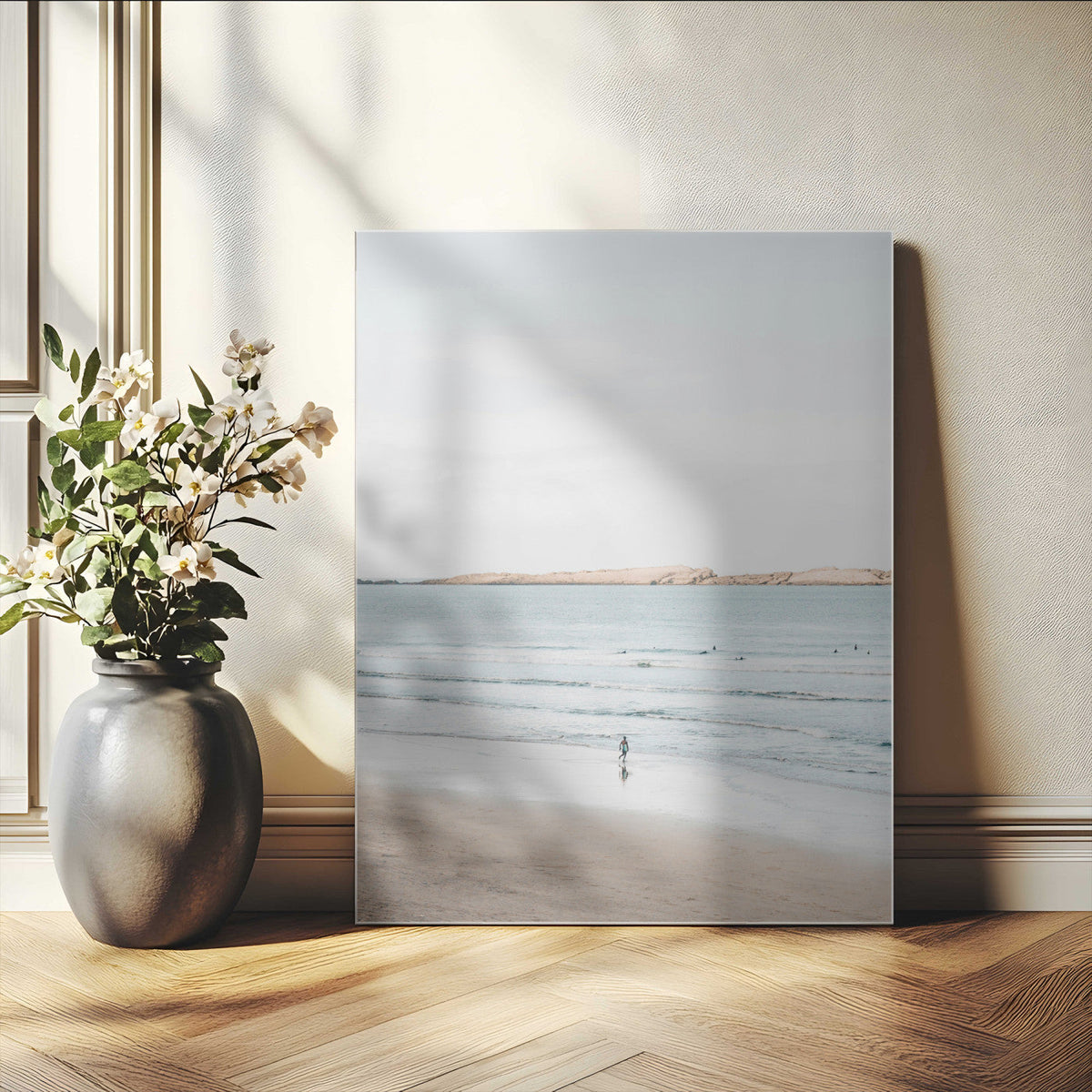 Minimalist Beach Wall Art Canvas Print – Framed Soft Blue