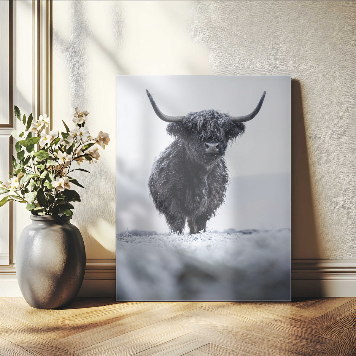 Frosty Black Highland Wall Art Canvas Print – Framed Moody