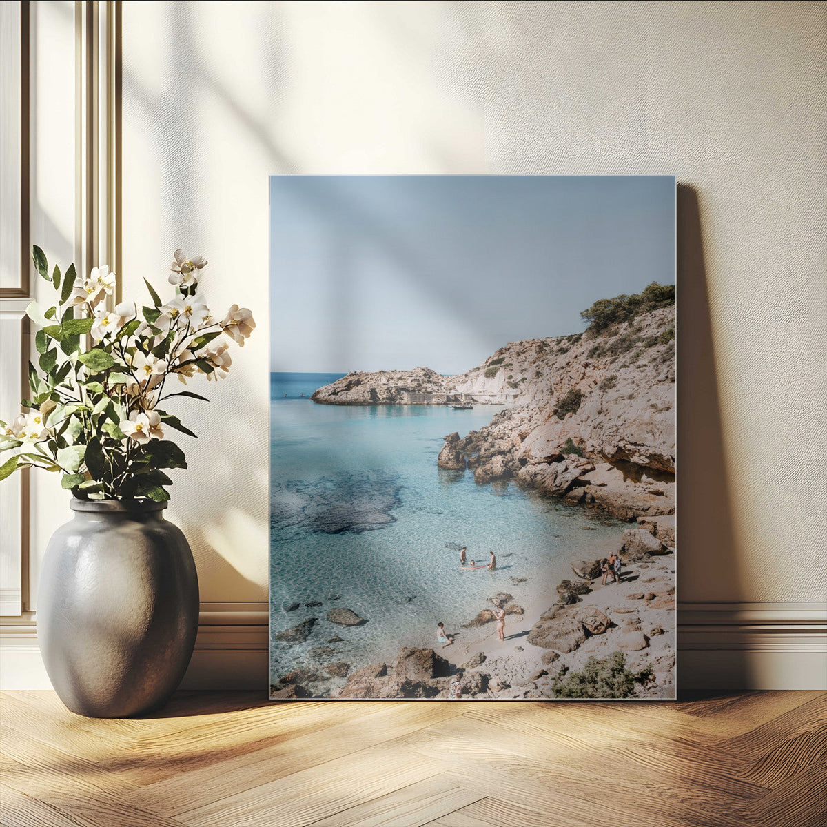 Clear Blue Water Beach Wall Art – Framed Rocky Cove Canvas