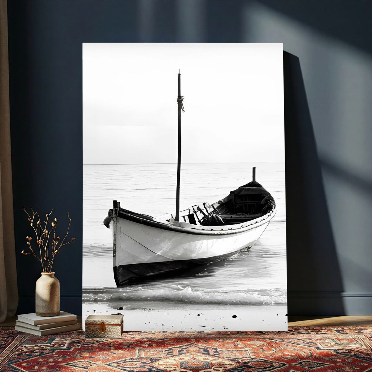 Minimal Boat Wall Art Canvas Print – Black and White Coastal