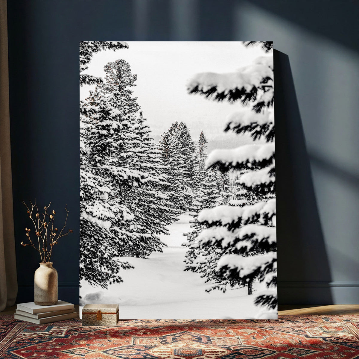 Winter Pine Forest Wall Art Canvas Print, Minimal Winter