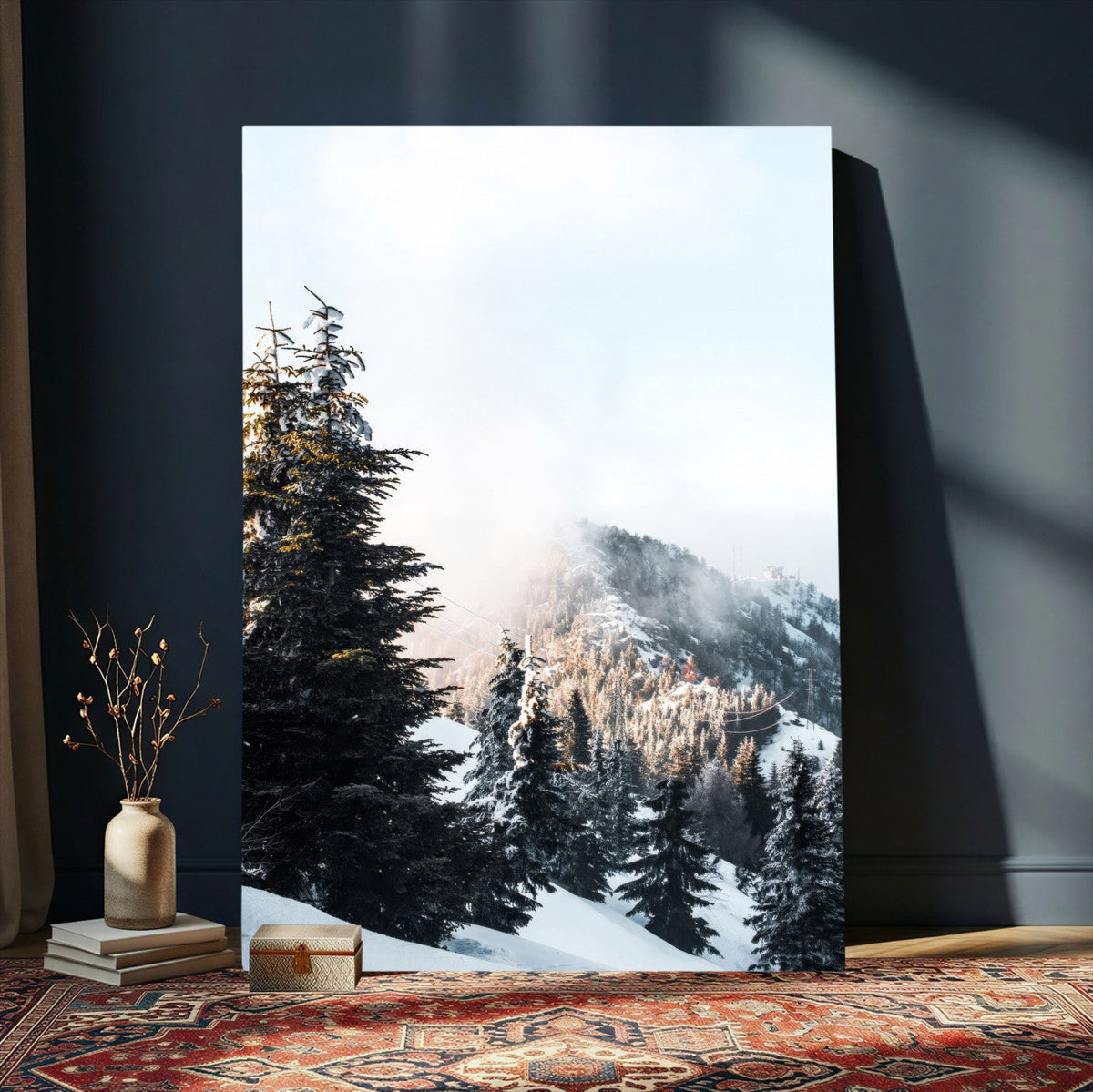 Snowy Mountain Forest Wall Art Canvas Print, Winter Pine