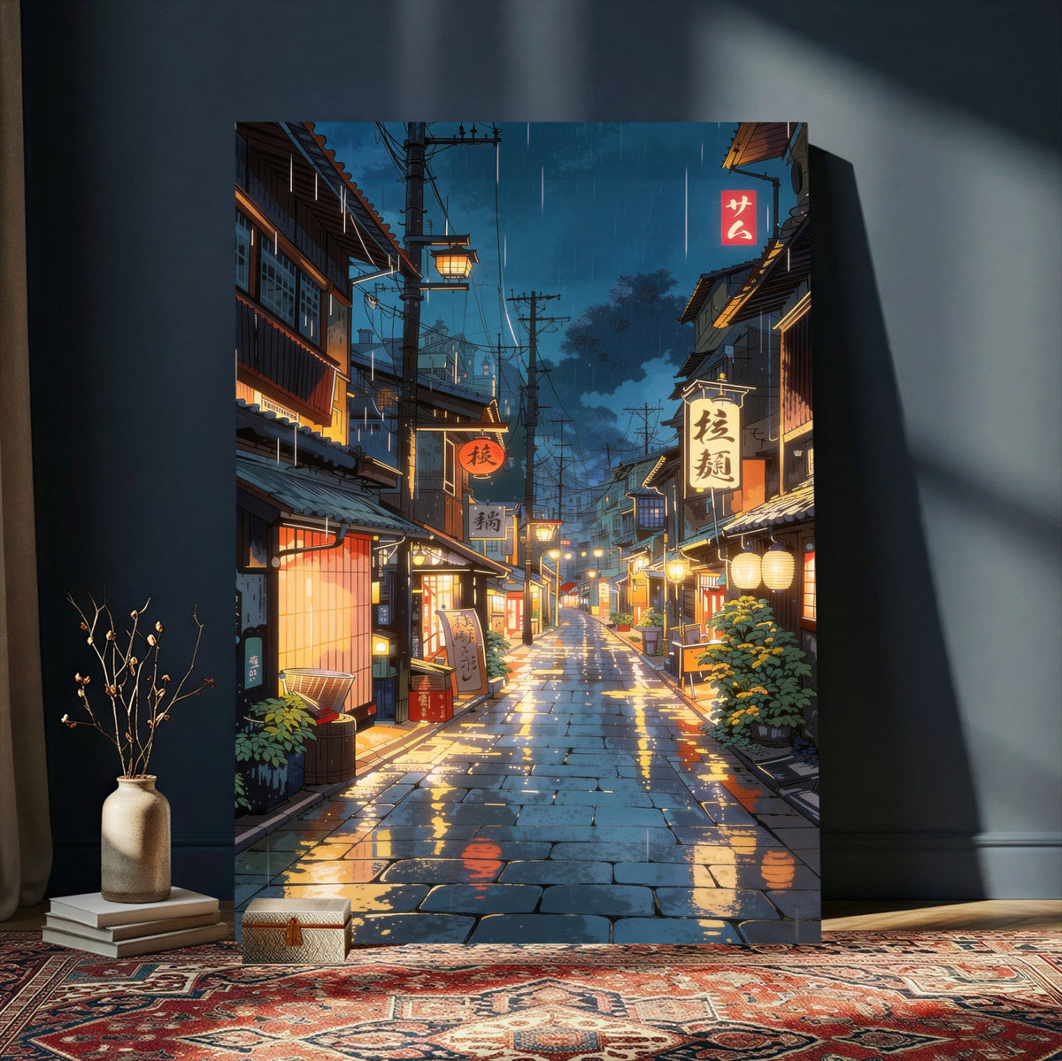 Tokyo Tea House Canvas Wall Art — Japan Rainy Night Street