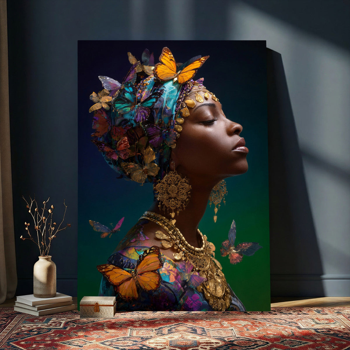 Butterfly Crown Gold Woman Portrait — Monarch Queen Canvas