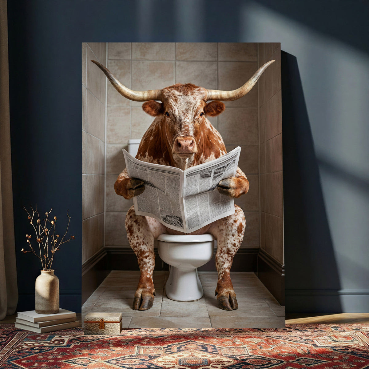 Funny Bathroom Canvas Wall Art, Texas Longhorn on Toilet