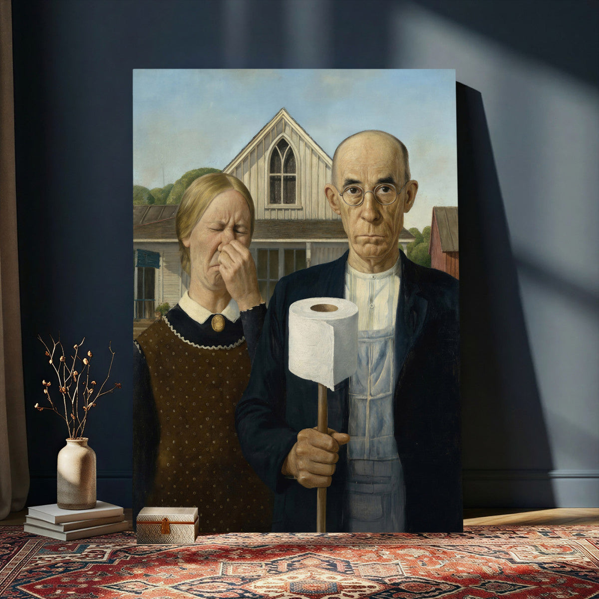 Funny Bathroom Canvas Wall Art, Grant Wood American Gothic