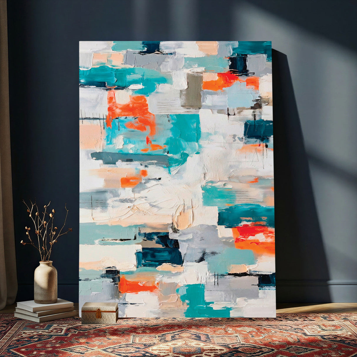 Blue Teal Abstract Canvas Wall Art, Modern Textured Painting Print, Navy Orange White Contemporary Art, Neutral Living Room Decor, Office Art