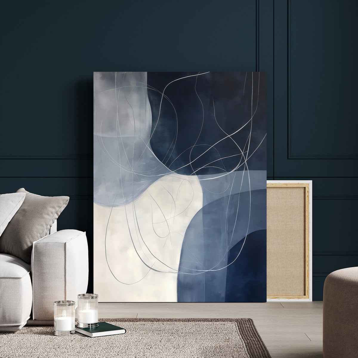 Navy Abstract Wall Art Canvas Print – Framed Minimal Lineart