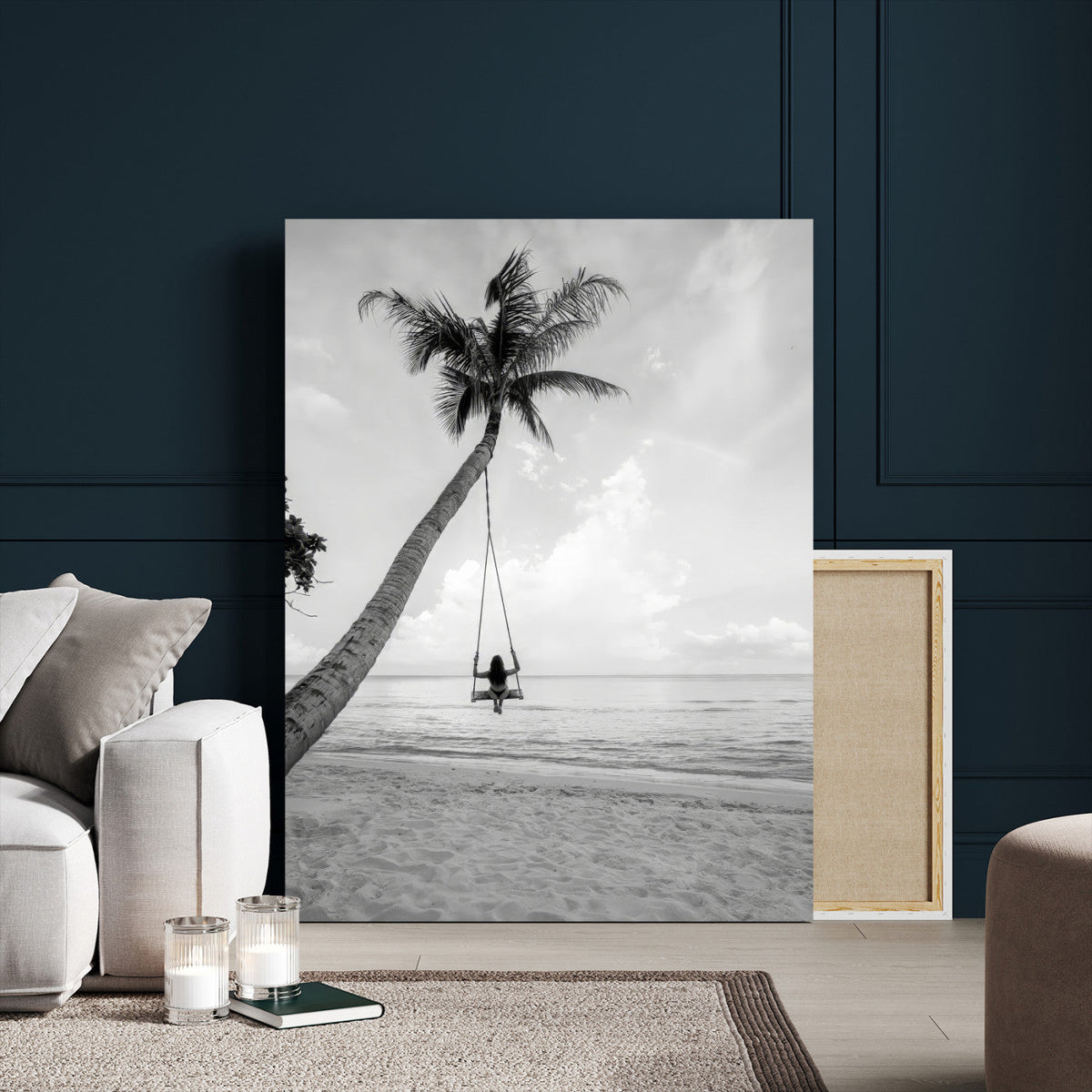 Black White Palm Tree Wall Art Canvas Print – Framed
