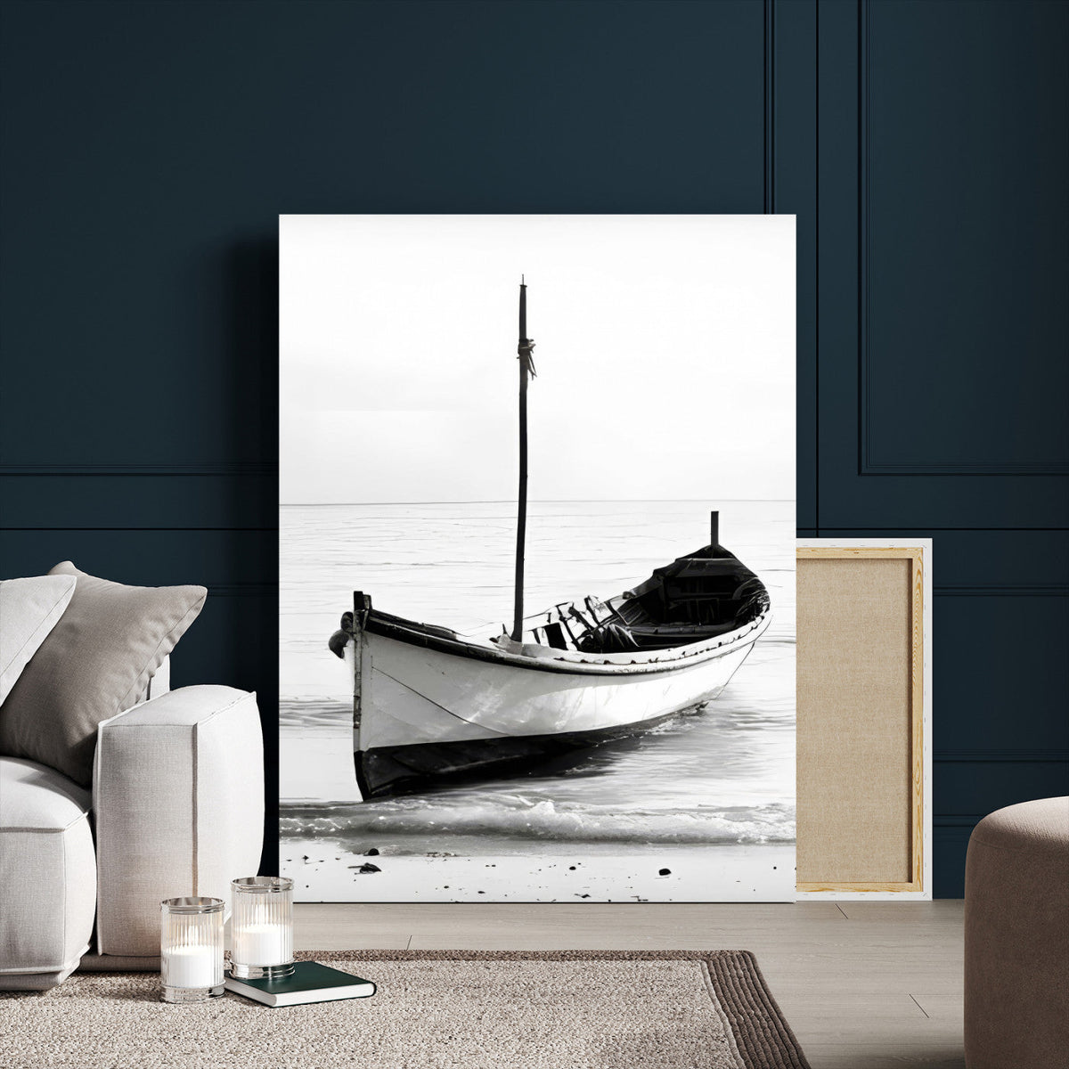Minimal Boat Wall Art Canvas Print – Black and White Coastal