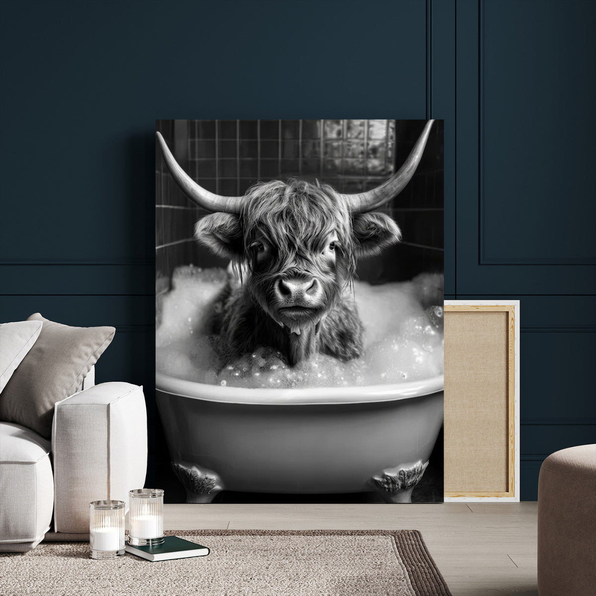 Highland Cow Bathtub Canvas Wall Art, Funny Bathroom Print