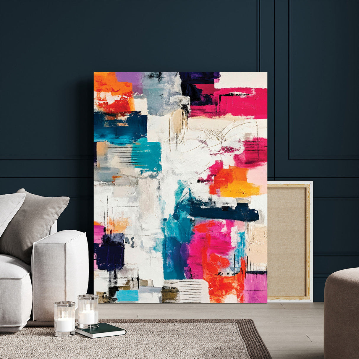Blue Teal Abstract Canvas Wall Art, Modern Textured Painting Print, Navy Orange White Contemporary Art, Neutral Living Room Decor, Office Art