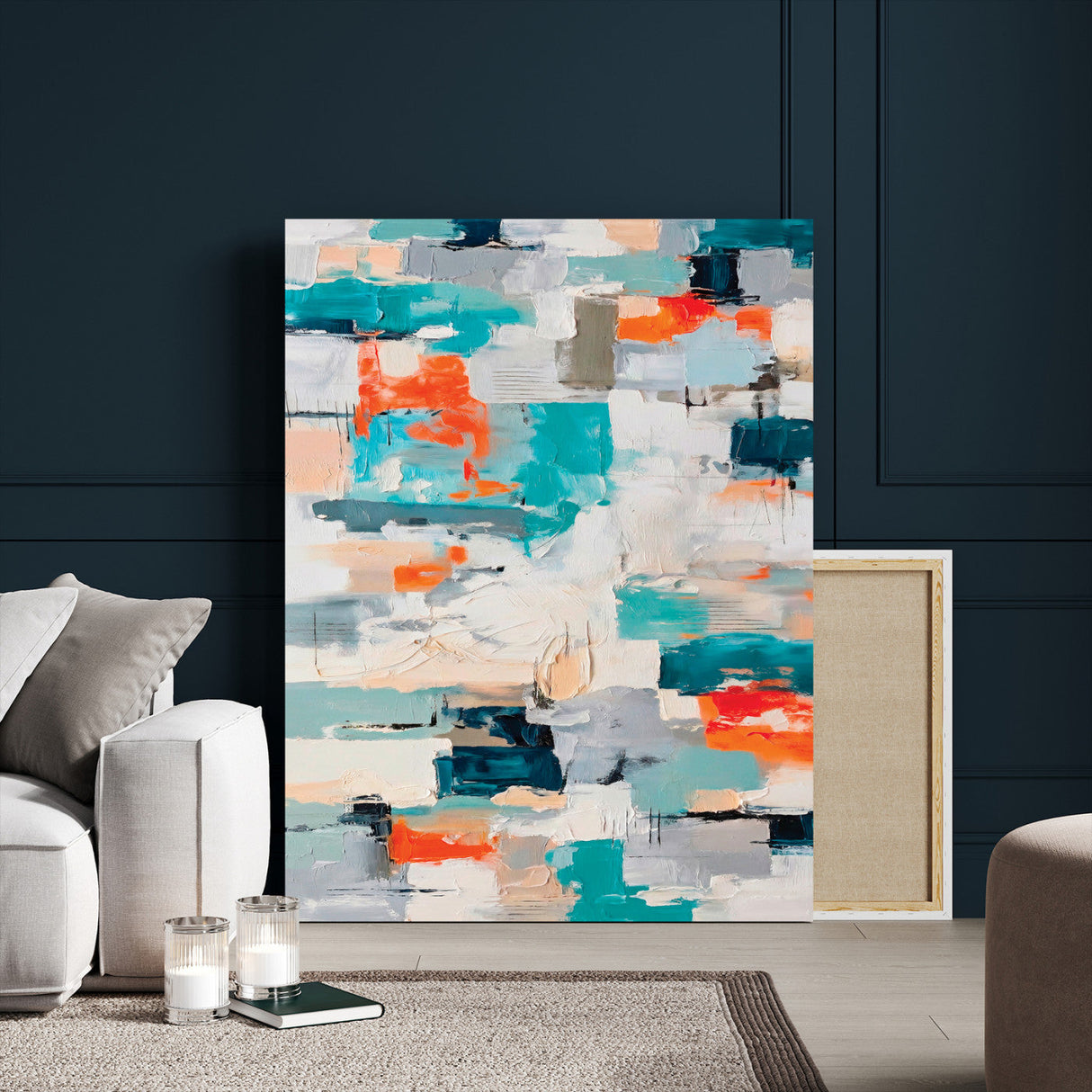 Blue Teal Abstract Canvas Wall Art, Modern Textured Painting Print, Navy Orange White Contemporary Art, Neutral Living Room Decor, Office Art
