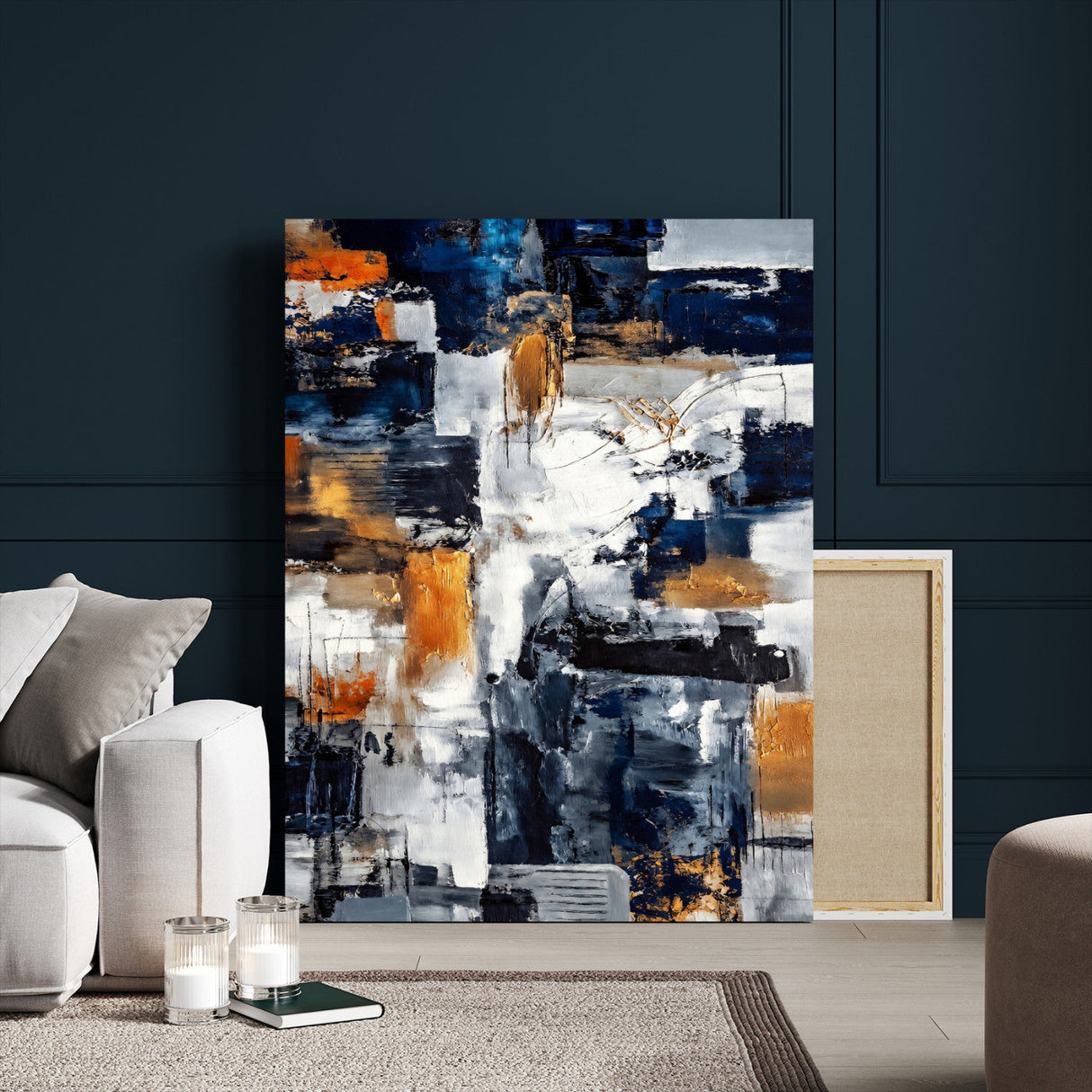Blue Teal Abstract Canvas Wall Art, Modern Textured Painting Print, Navy Orange White Contemporary Art, Neutral Living Room Decor, Office Art
